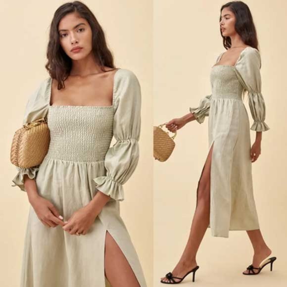 Reformation Dresses & Skirts - Reformation Hyland Linen Dress Dried Herbs Smocked Midi